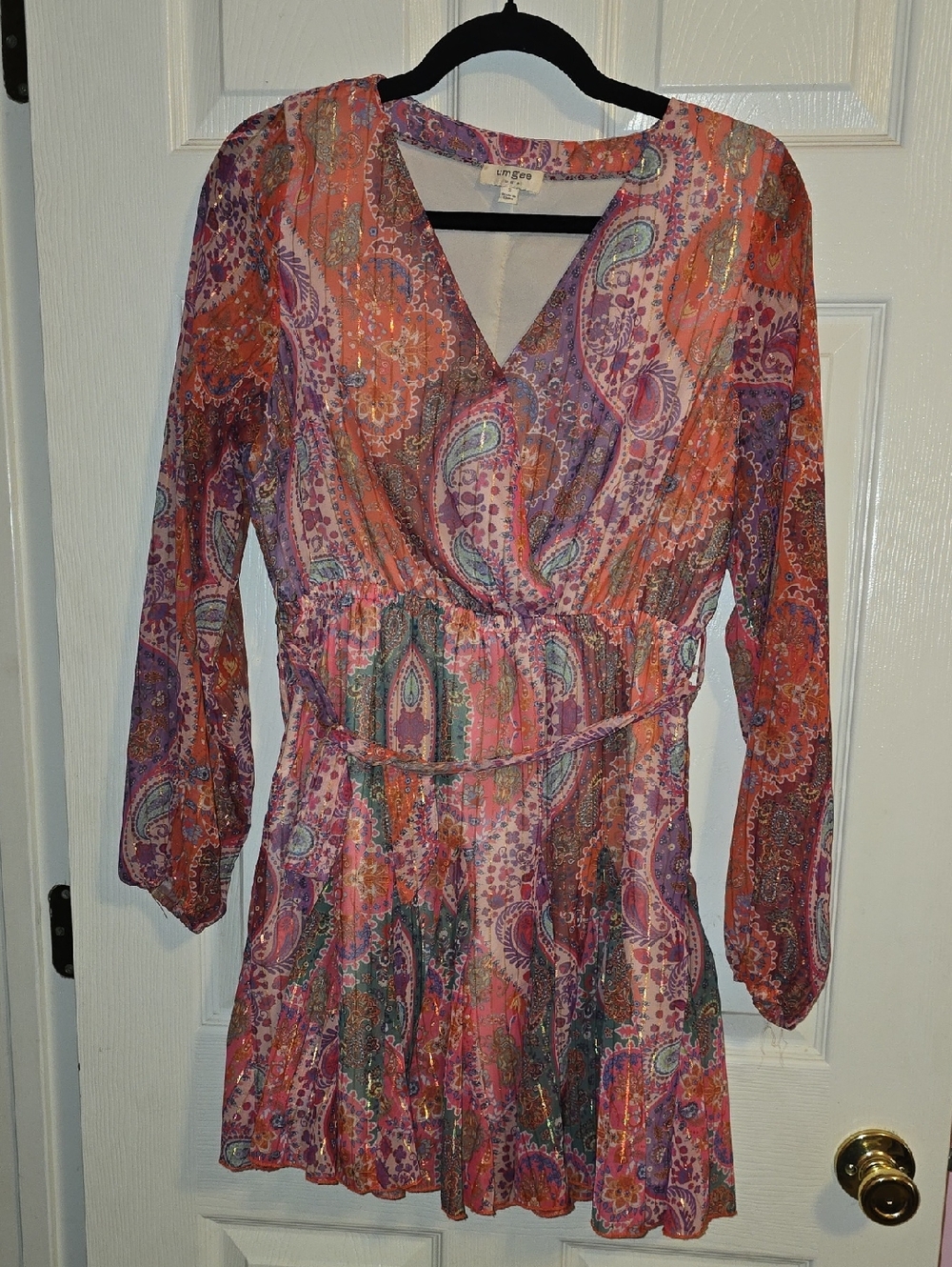 Umgee Pink and Purple Paisley Long Sleeve V-Neck Dress